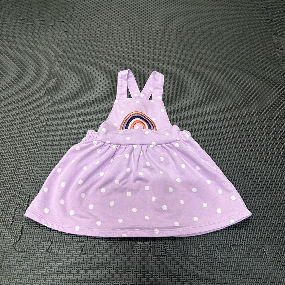 3/24$ Purple Polka Dot Overall Dress with Rainbow Design size 12 months